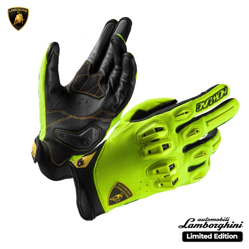 Bean's Moto Booth alien monster battle mech Lamborghini motorcycle gloves with armored design and vibrant graphics.