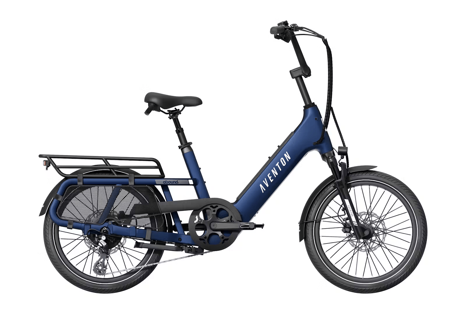 Rex E-Bikes Aventon Abound SR Cargo E-Bike in cobalt blue, viewed from the side showing its cargo rack and electric motor.