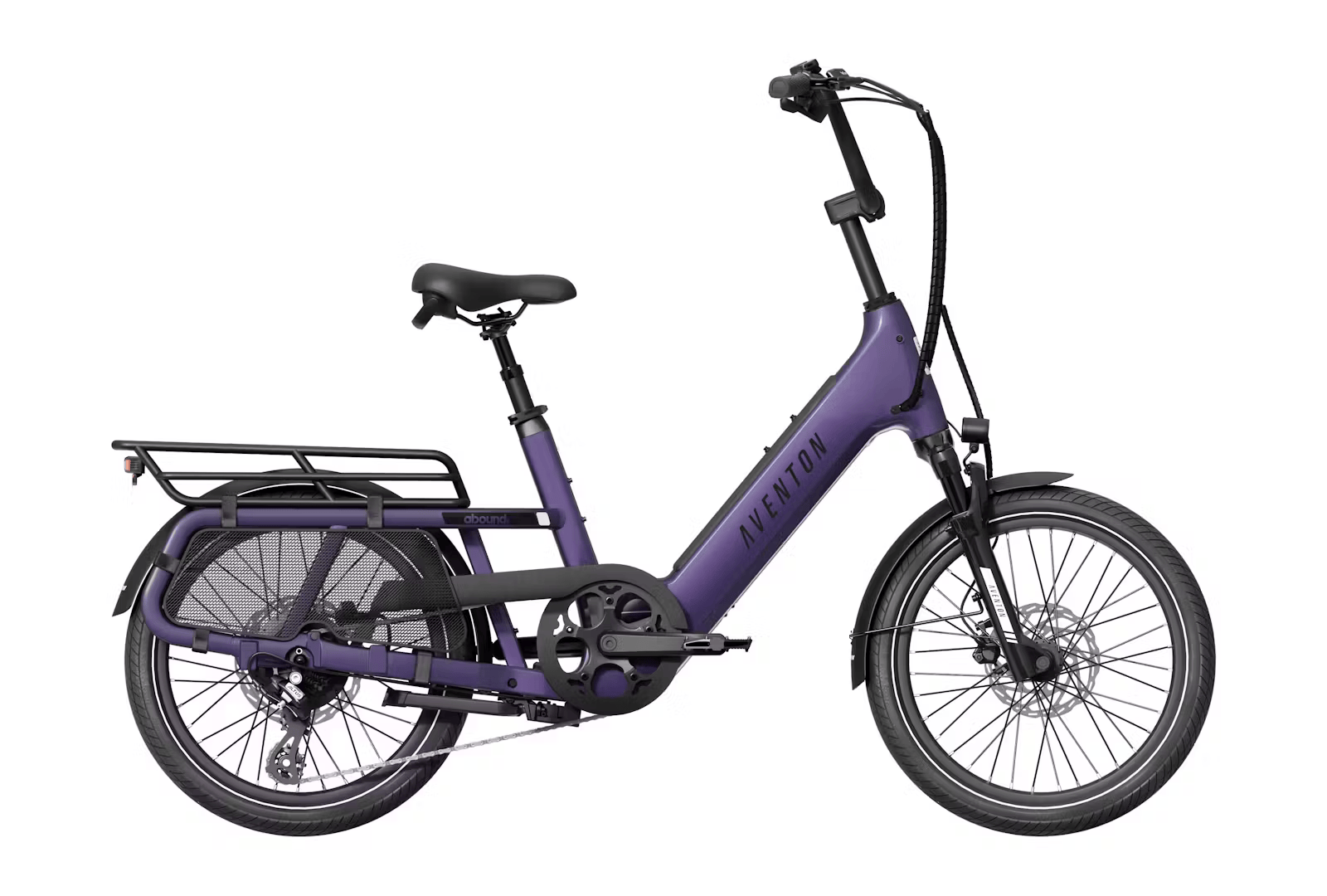 Rex E-Bikes Aventon Abound SR cargo e-bike in haze color, side view showing sturdy frame and cargo rack.