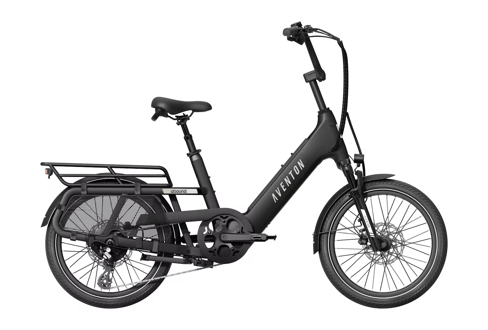 Rex E-Bikes Aventon Abound SR Cargo E-Bike in stealth black, side view showing frame, cargo rack, and electric motor.