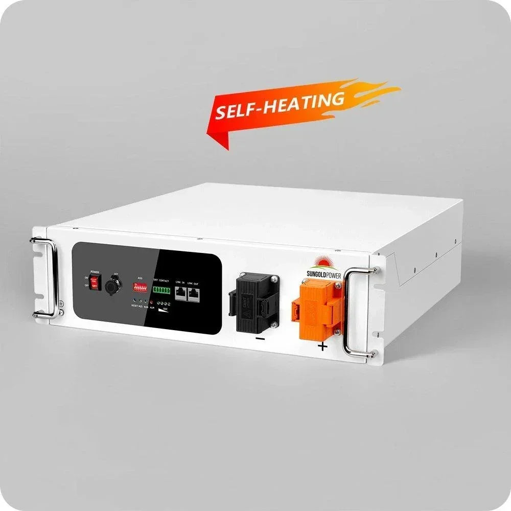 Green Vista Living Sungold Power SGH48100T lithium server rack battery with self-heating, 48V, 100AH capacity in a technical setup