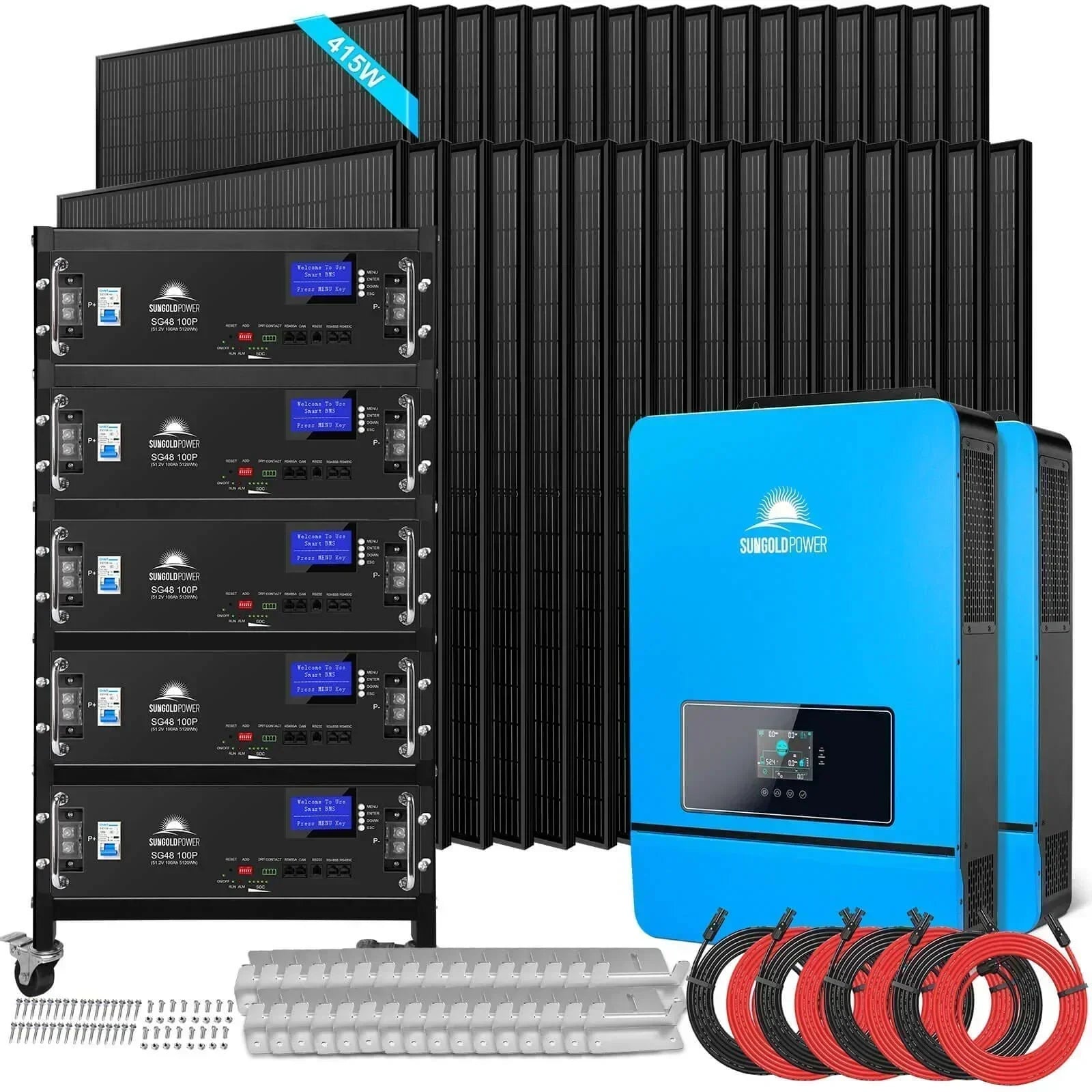 Off grid solar kit with 32 solar panels, lithium battery, and inverter from Green Vista Living for renewable energy.
