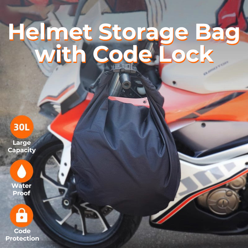 Bean's Moto Booth portable helmet storage bag with code lock, designed for motorcycle helmets, showing secure zipper and compact design.