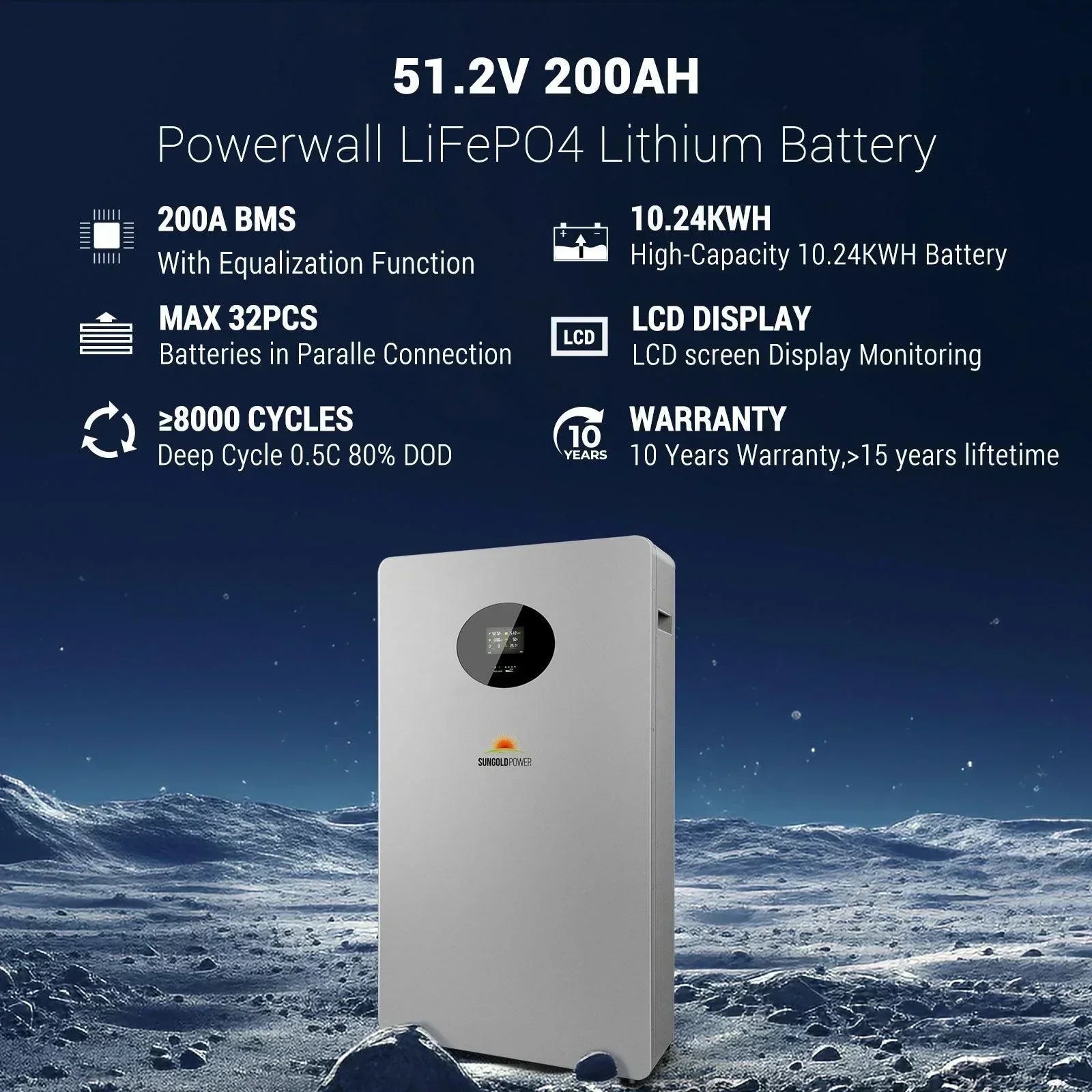 Green Vista Living Sungold Power Powerwall X lithium battery, 51.2V 200AH, with black casing and terminal connections.