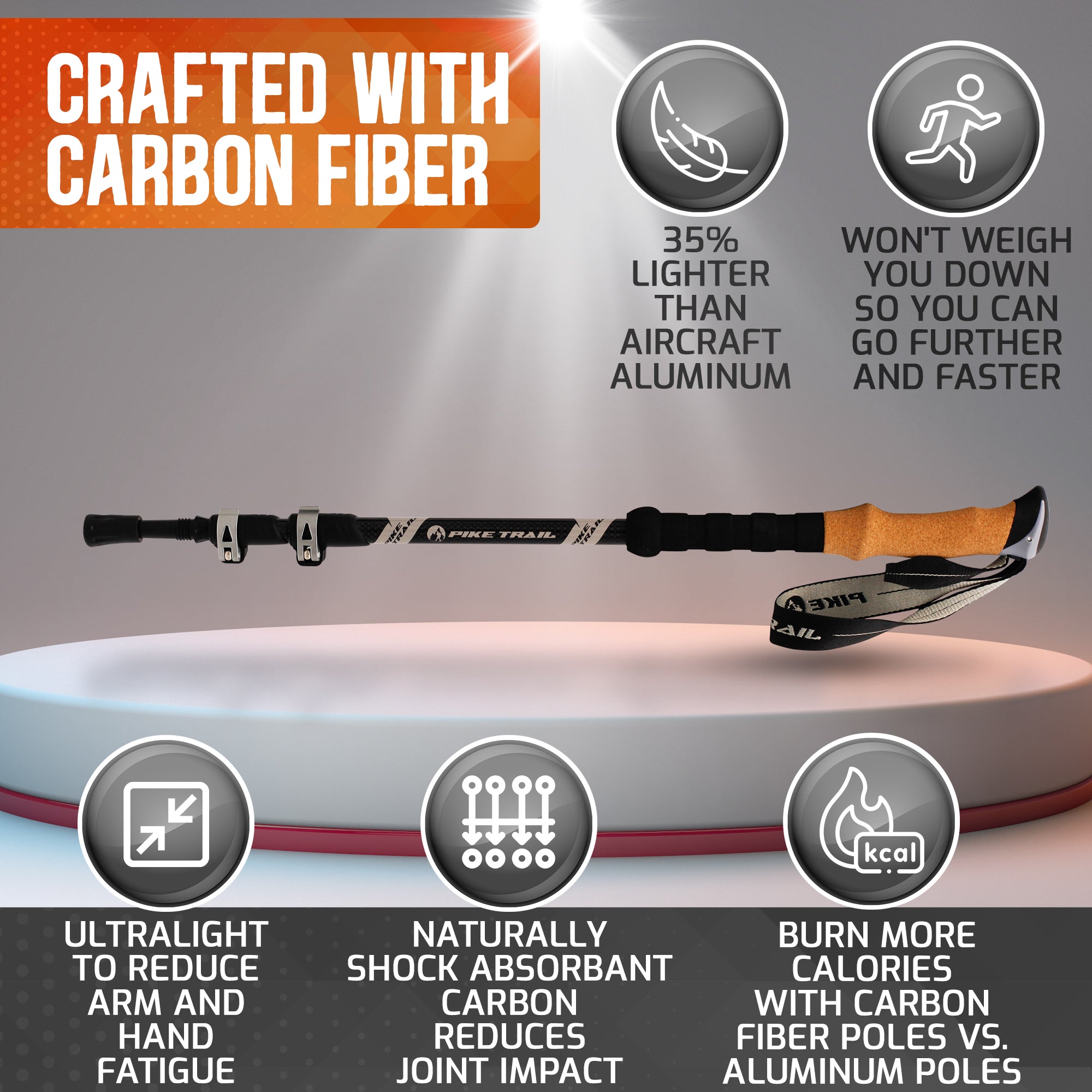 Pike Trail carbon fiber trekking poles, lightweight and adjustable hiking poles for outdoor adventures on rugged trails.