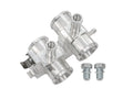 Aluminum bleeder valve for early Vanagon, displayed with bolts, by GoWesty, used in vehicle brake or fluid system.