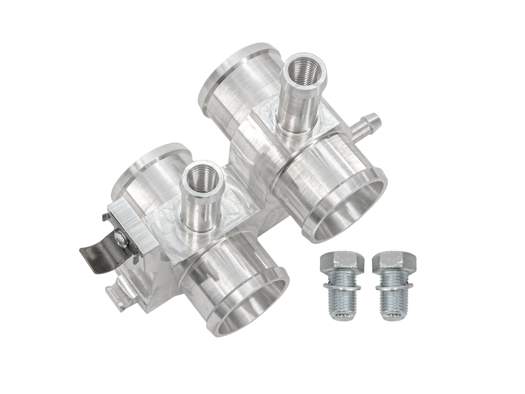 Aluminum bleeder valve for early Vanagon, displayed with bolts, by GoWesty, used in vehicle brake or fluid system.
