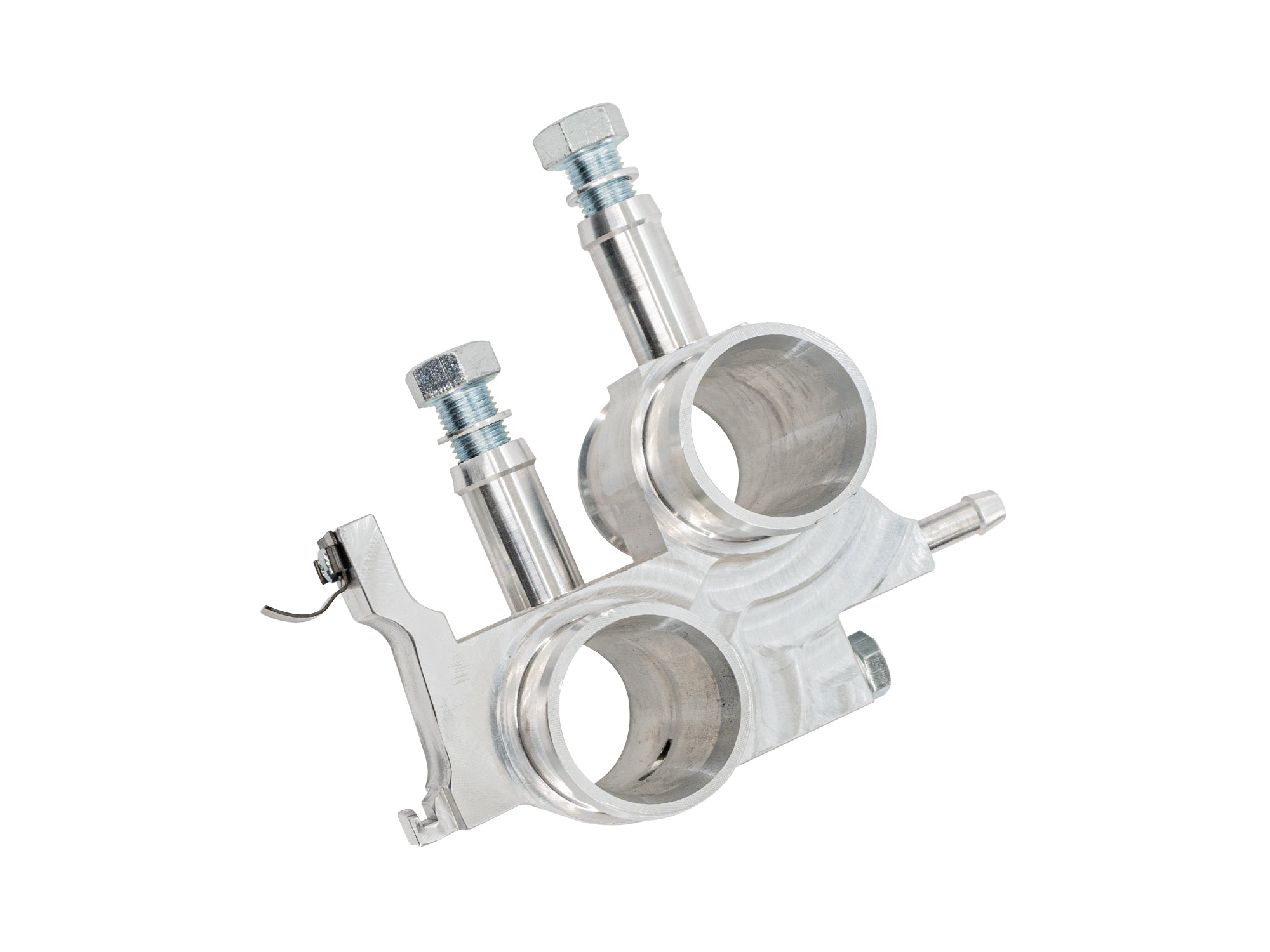 Aluminum bleeder valve for early Vanagon, designed by GoWesty, shown with mounting bolts on a white background.