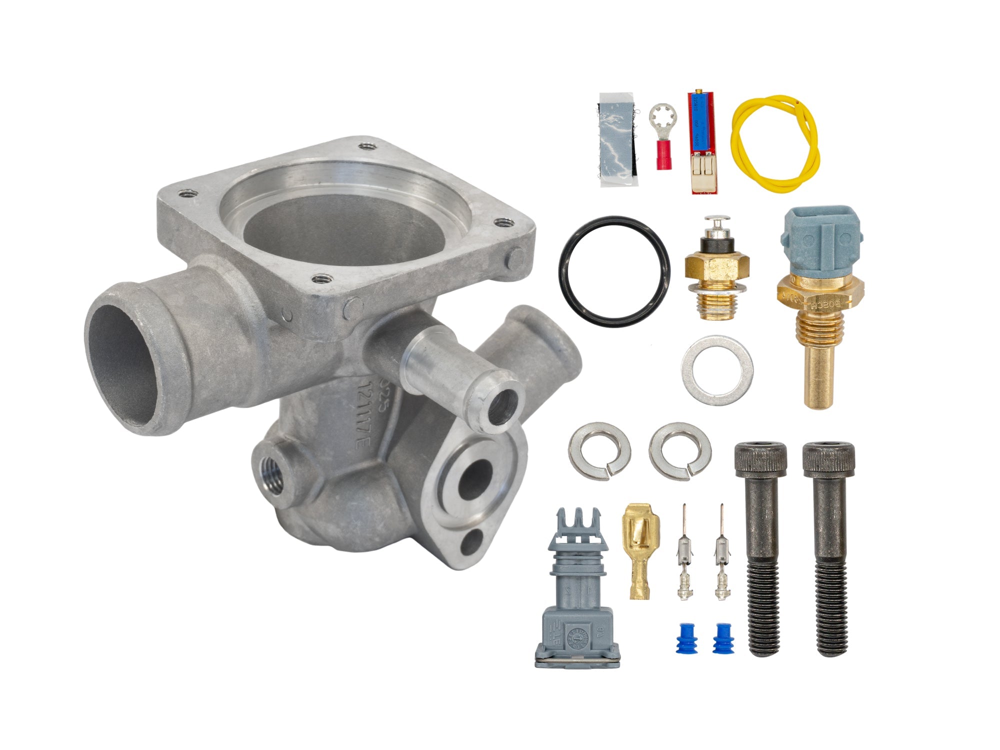 Aluminum lower thermostat housing for 2WD and Syncro Volkswagen vehicles, branded GoWesty, shown in the image.