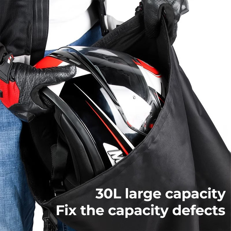 Bean's Moto Booth portable helmet storage bag with code lock, designed for motorcycle helmets, shown in a compact, secure carrying case