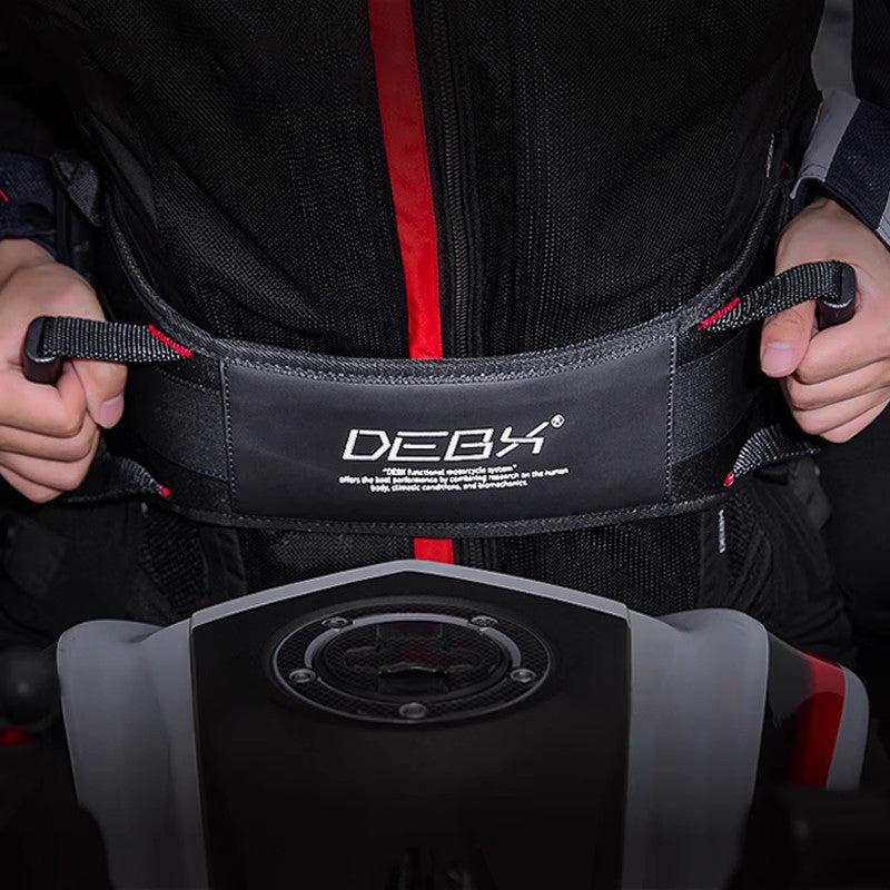 Bean's Moto Booth DEBX™ motorcycle passenger grab waist strap with adjustable safety strap for secure riding comfort.