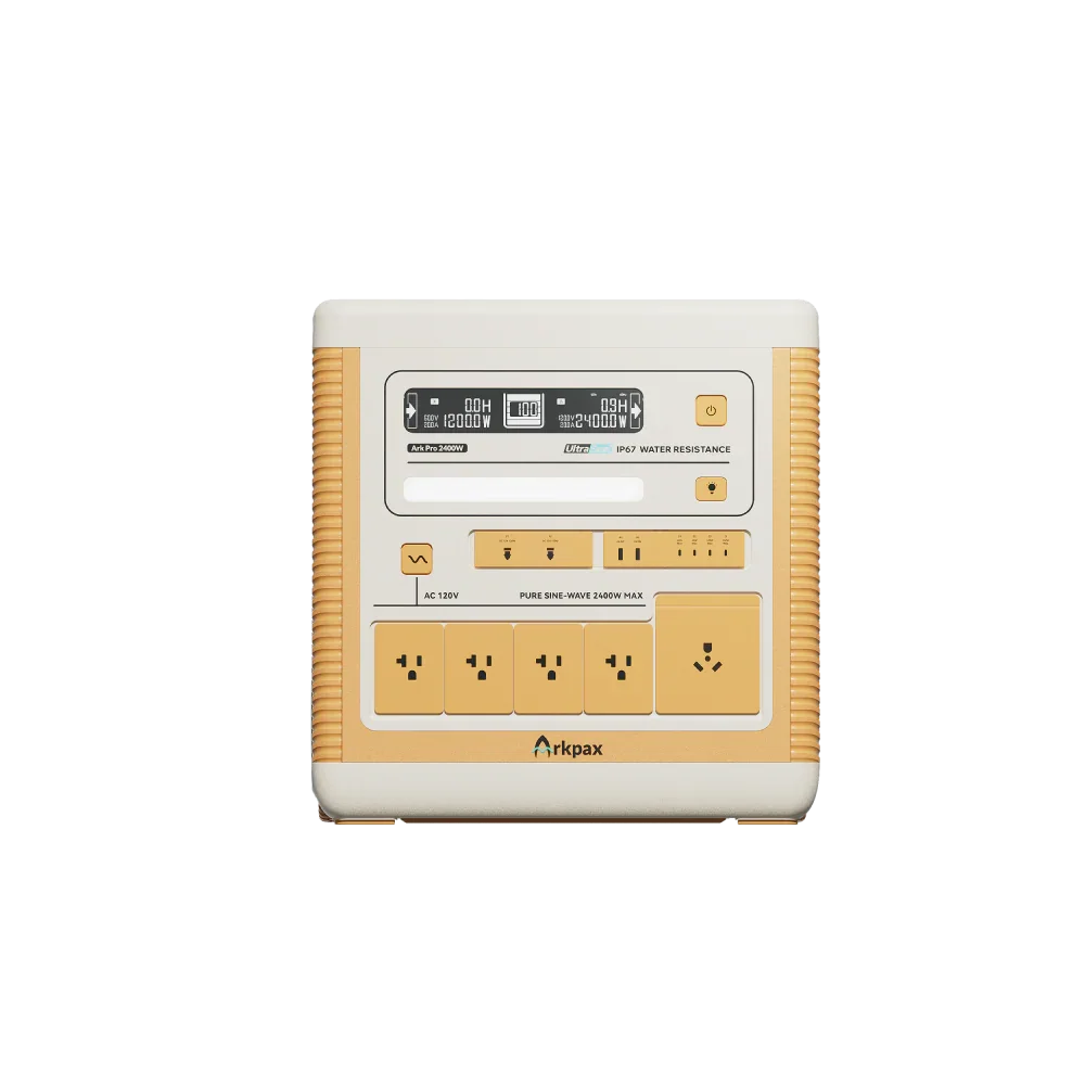 Green Vista Living Arkpax Ark PRO 2400W portable power station with IP67 waterproof rating and multiple outlets for outdoor use