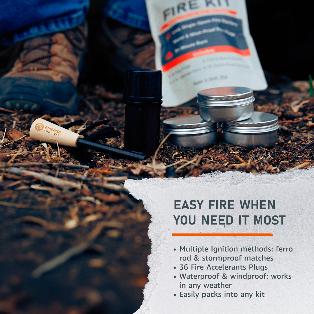 Emerge Survival fire kit including waterproof matches, kindling, and fire starters in a compact, durable case.