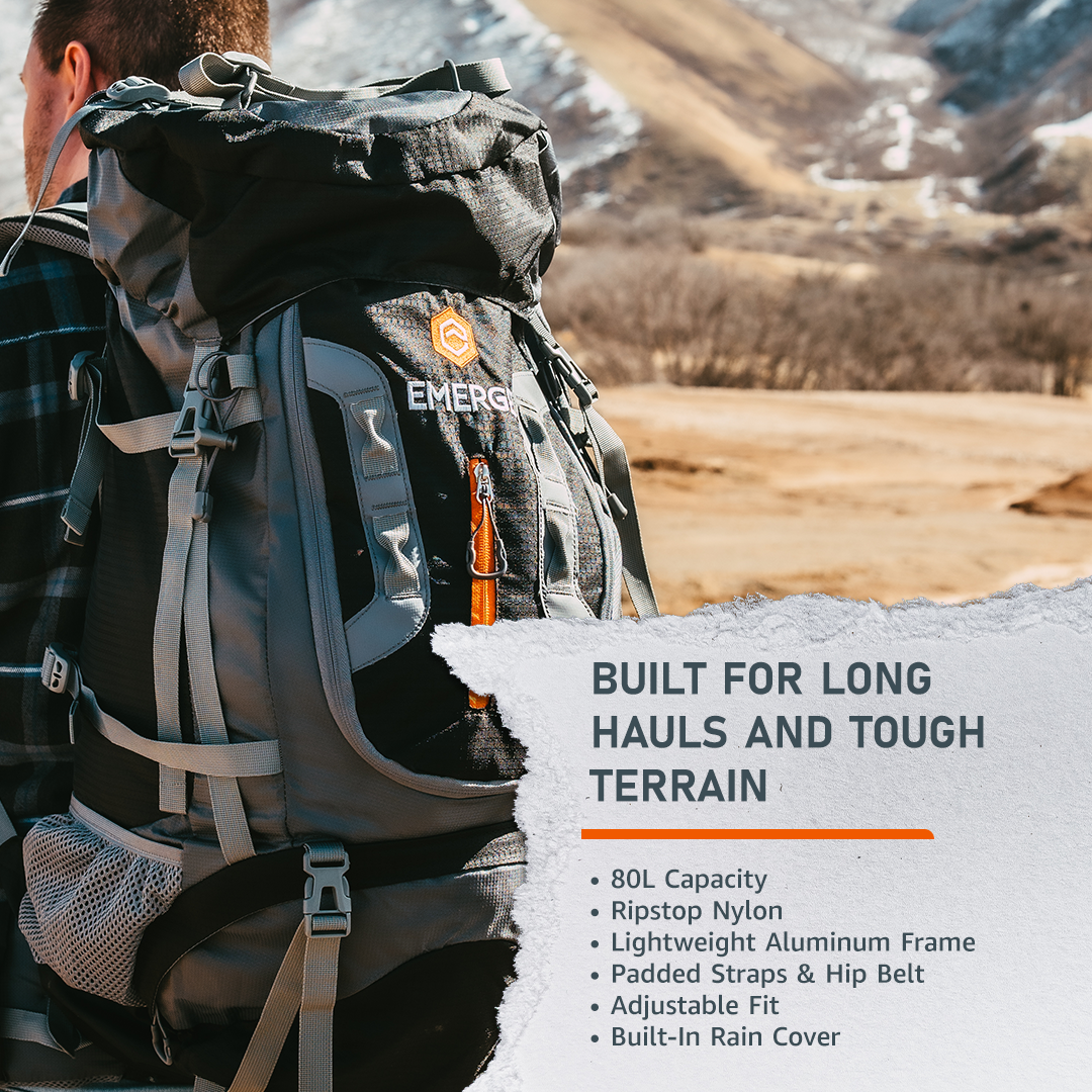 Emerge Survival 80L Ranger survival backpack with multiple compartments and adjustable straps for outdoor adventure and emergency preparedness.