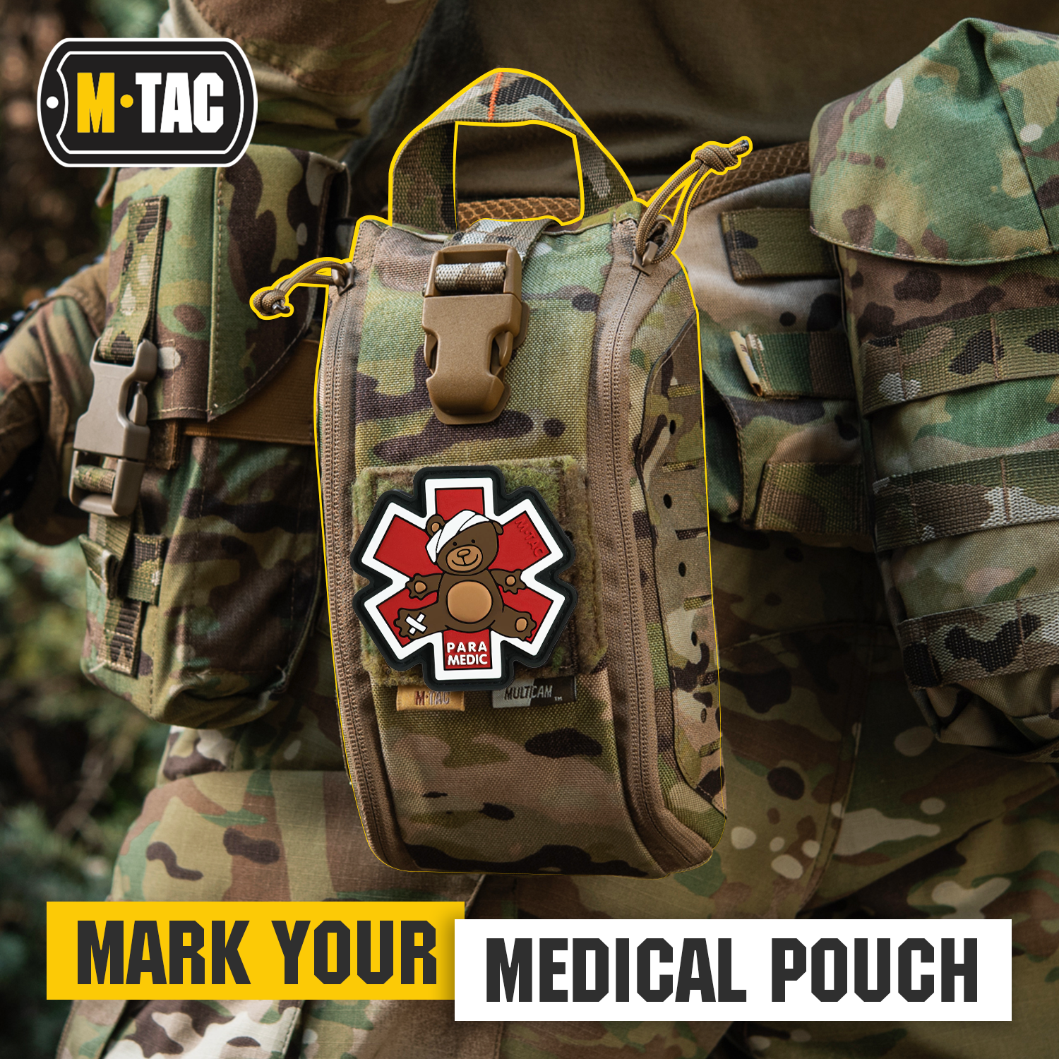 M-Tac embroidered paramedic bear patch featuring detailed stitching and vibrant colors on a fabric background.