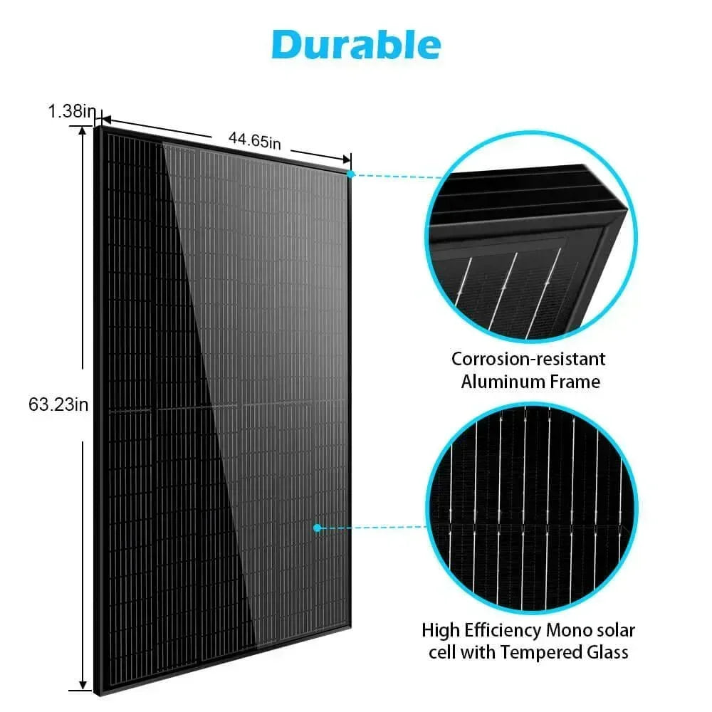 Green Vista Living Sungold Power 370W Mono Black PERC solar panel full pallet with 32 panels, showing sleek black monocrystalline design.