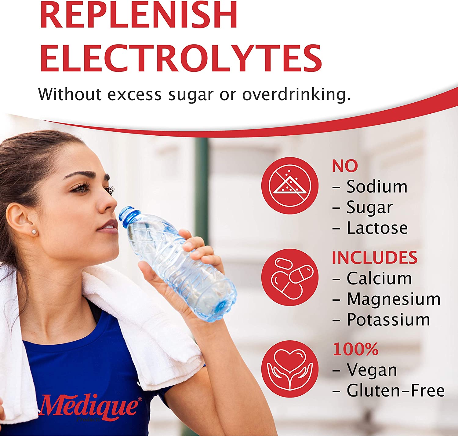 Box of Medi-Lyte Electrolyte Replenisher packets for rehydration, shown in a sealed box with 100 servings, from quakekits.com