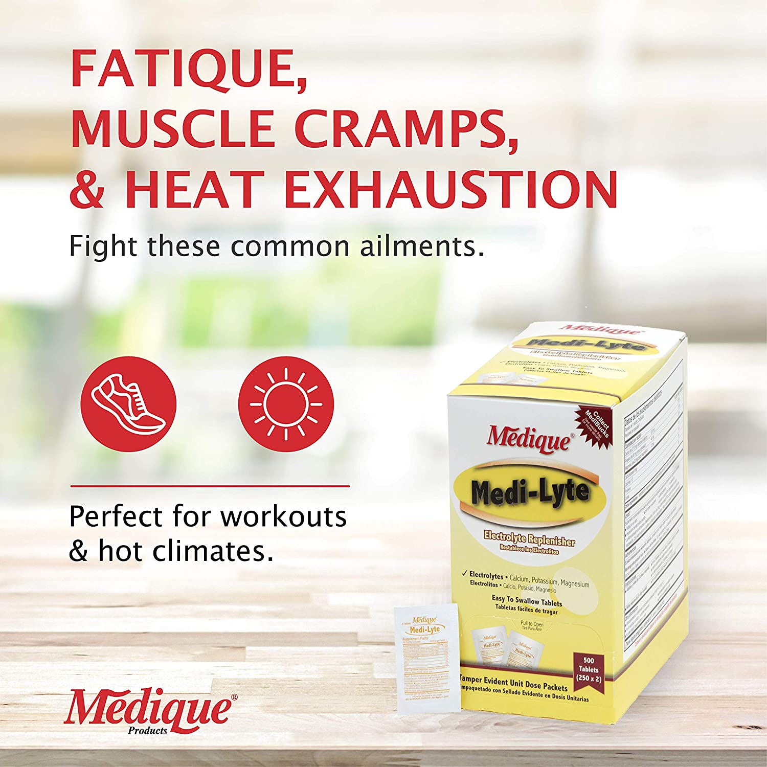 Electrolyte replenisher packets from Medi-Lyte by quakekits.com, showing individual food and water supplement sachets.
