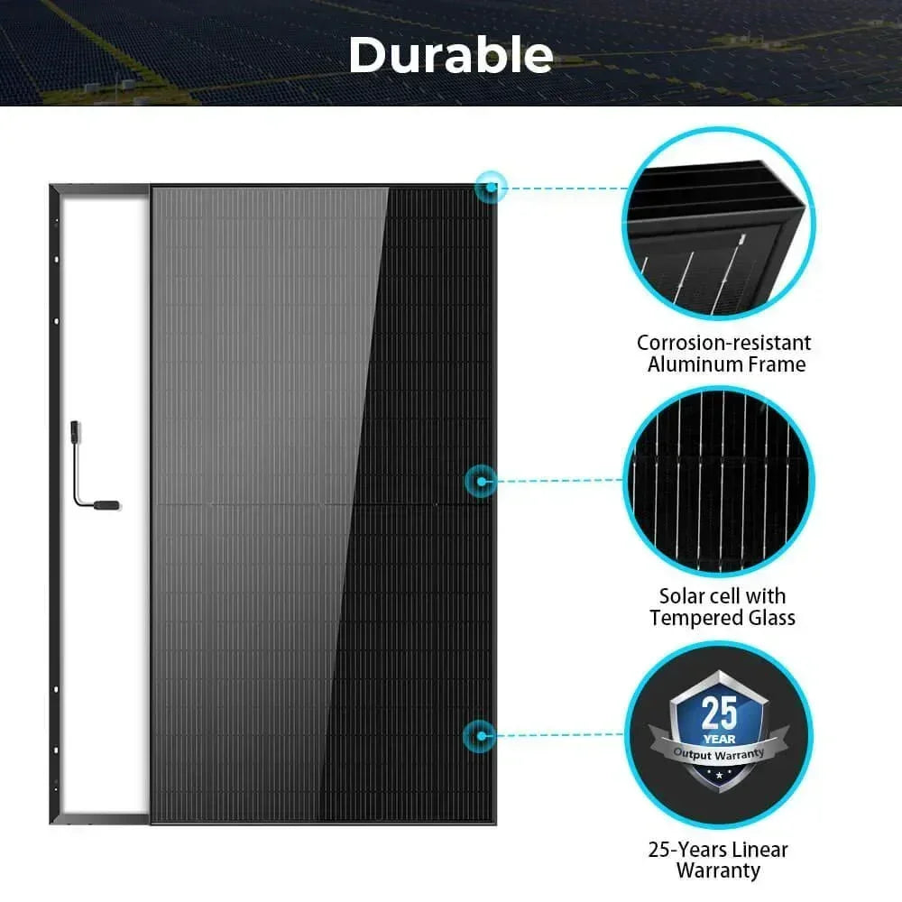 Green Vista Living Sungold Power 500W Mono Black PERC Solar Panel full pallet with 32 monocrystalline solar panels stacked together.