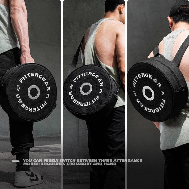 Bean's Moto Booth barbell-shaped gym bag designed for motorcycle enthusiasts, featuring a durable, compact motorcycle bag with sporty style.