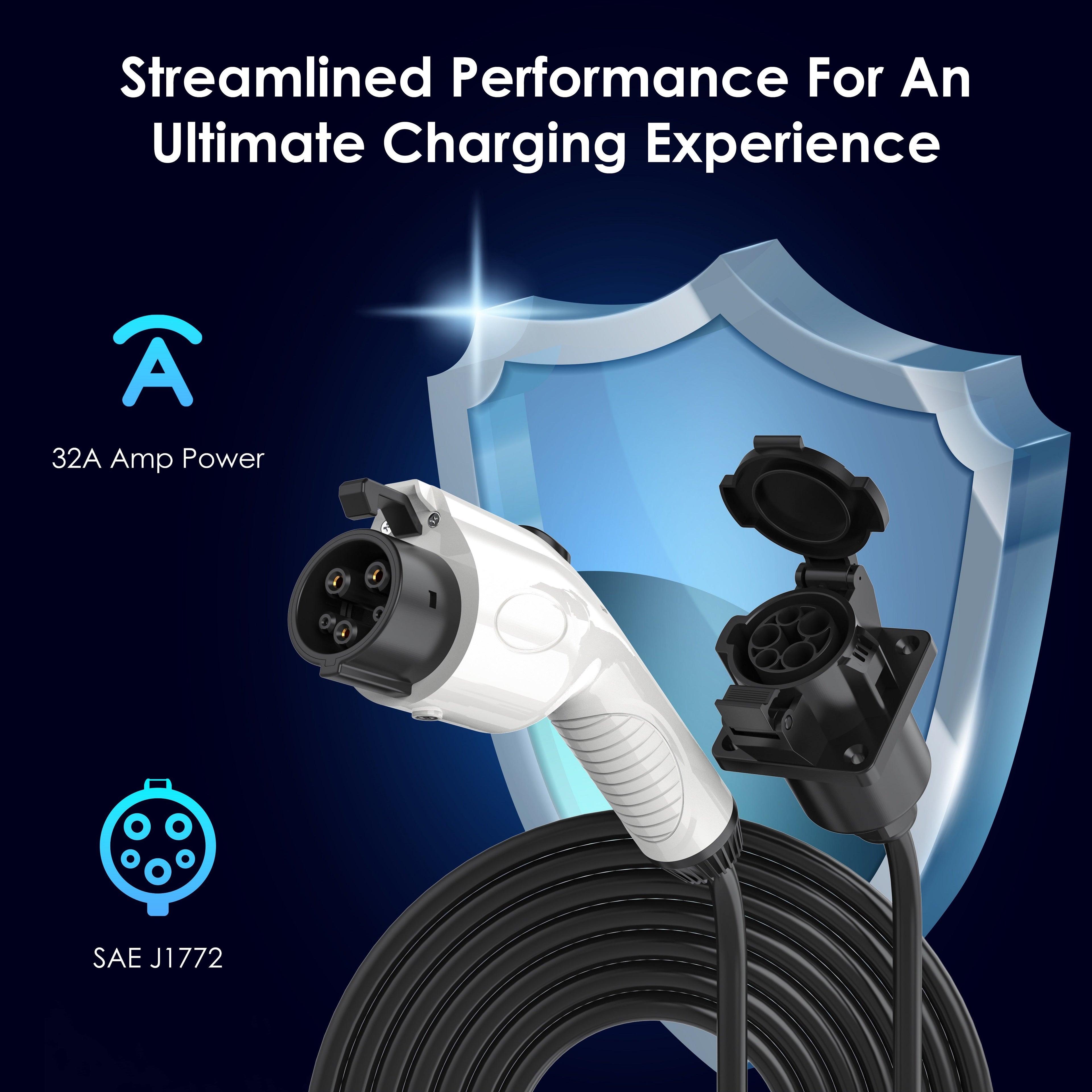 Rexing J1772 32A electric vehicle extension cable connected to a charging station on a vehicle.