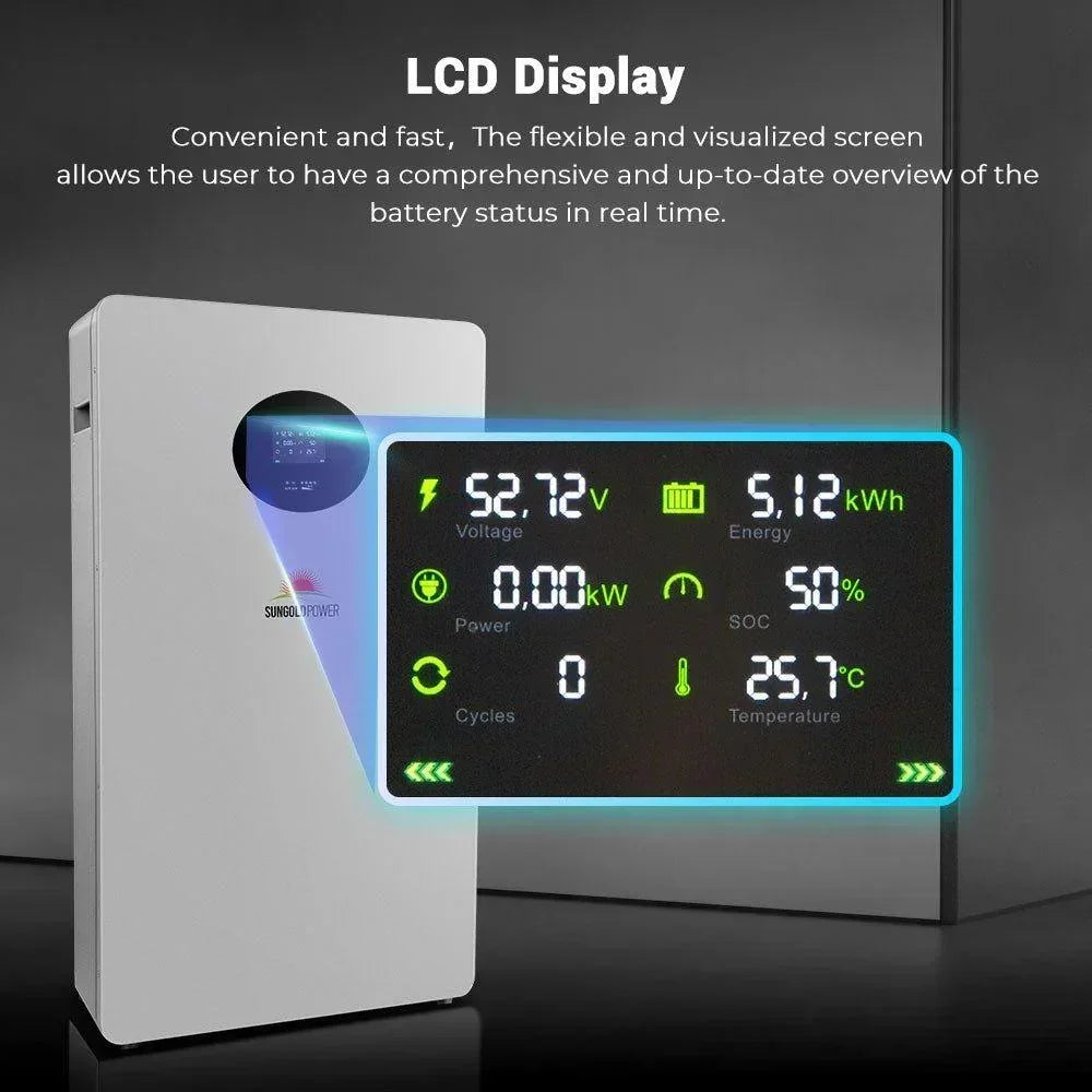 Green Vista Living Sungold Power Powerwall X lithium battery with 51.2V 200AH capacity, shown in a close-up image.