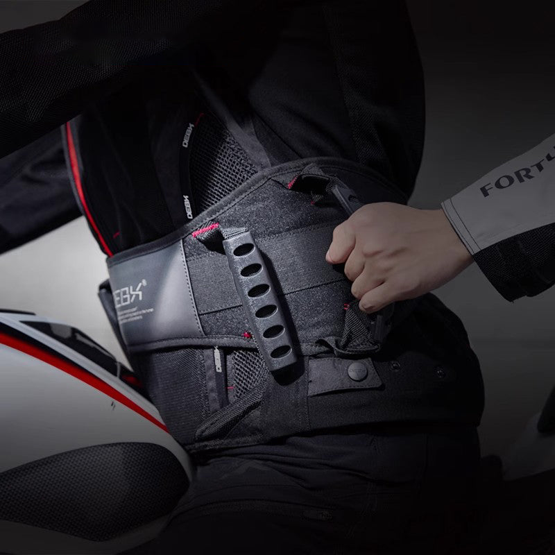 Bean's Moto Booth DEBX™ motorcycle passenger grab waist strap attached to motorcycle safety gear for secure passenger support.