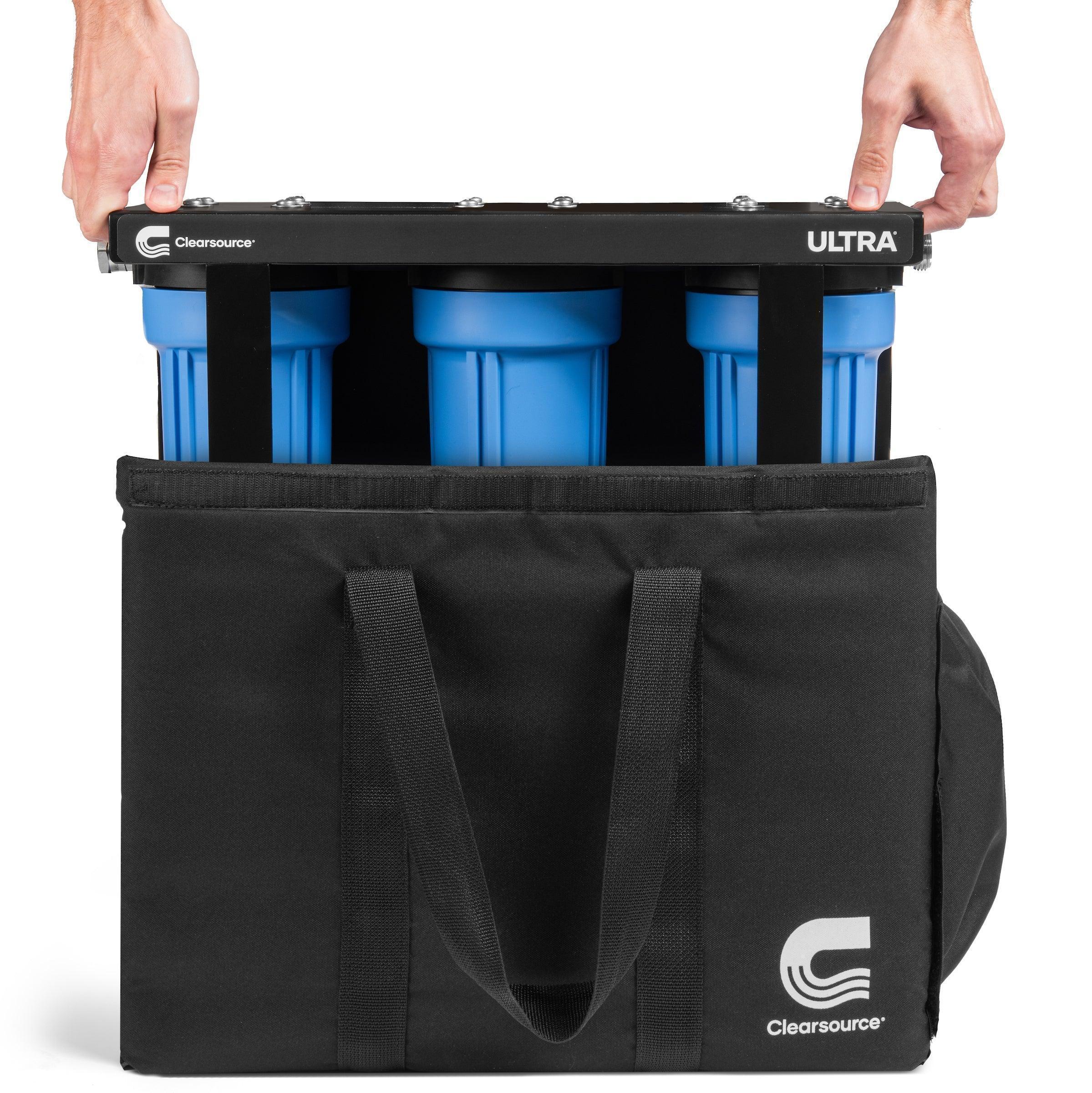 Green Vista Living Clearsource WeatherGuard Pro water filter cartridge with blue and white design for clean, filtered water.