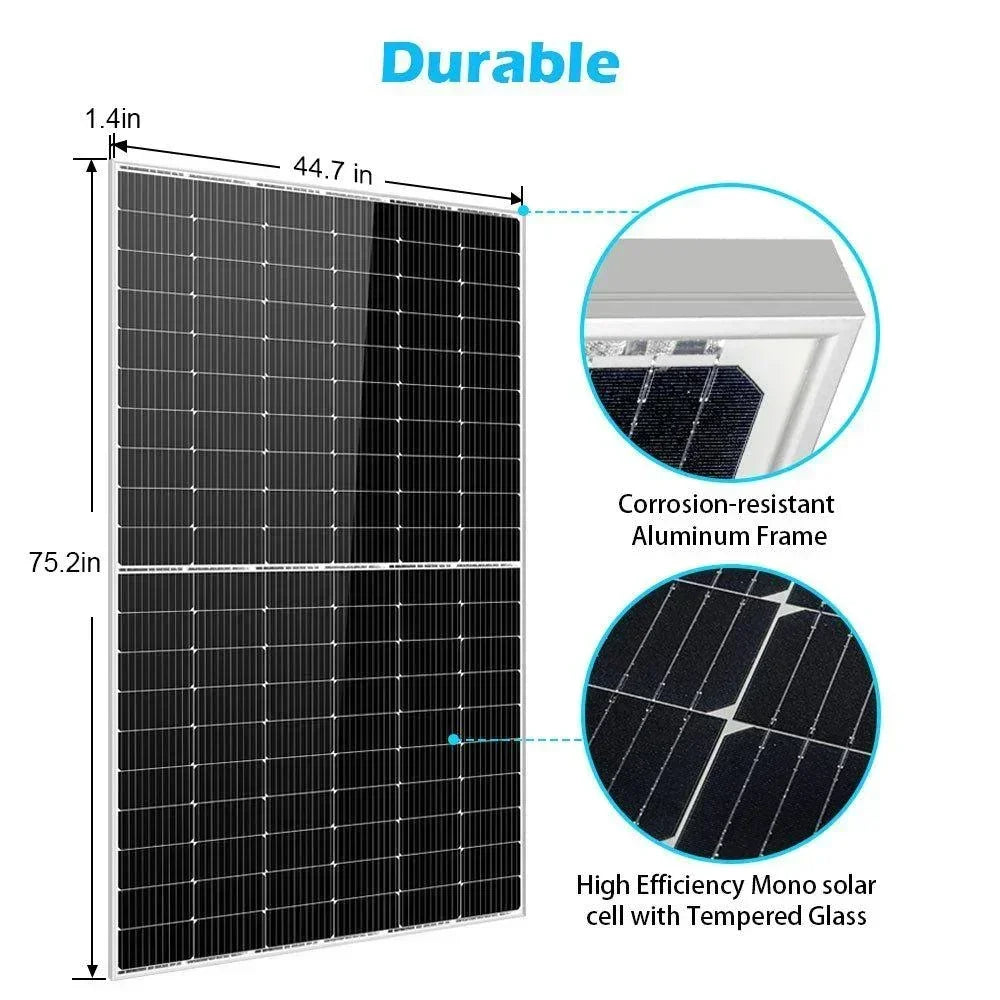 Green Vista Living Sungold Power 450W mono PERC solar panels on a pallet, showing multiple black monocrystalline solar panels.