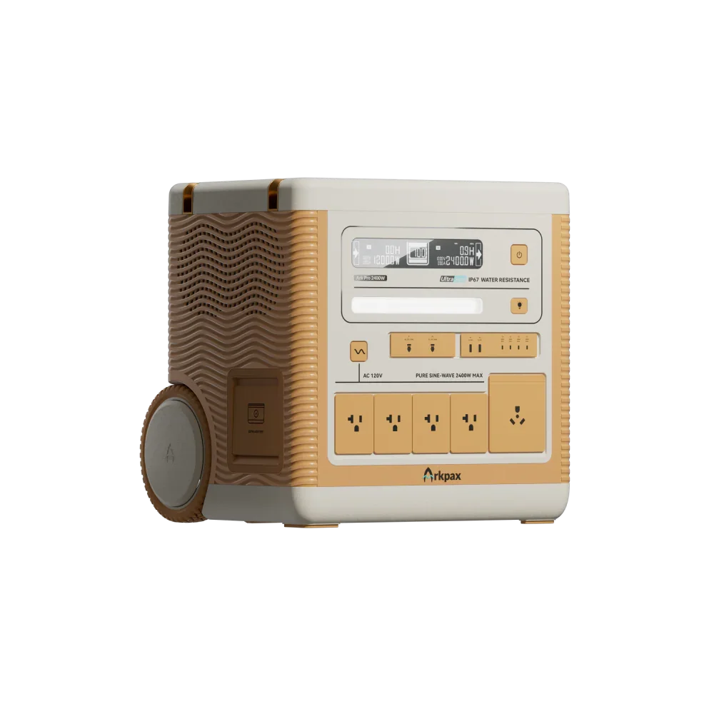 Green Vista Living Arkpax Ark PRO 2400W portable power station with IP67 waterproof rating, rugged professional-grade design.