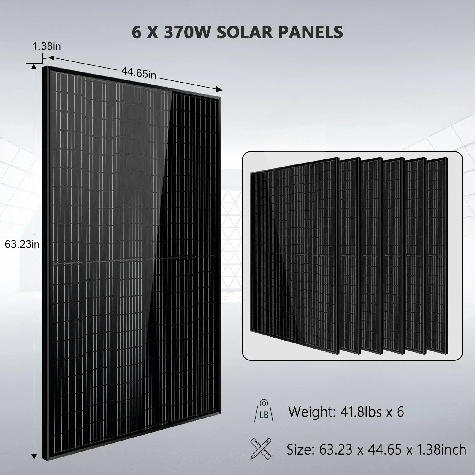 Off Grid Solar Kit with six 370-watt solar panels, lithium battery, inverter, and all components for renewable energy setup.