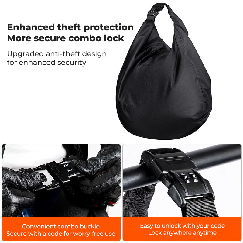 Bean's Moto Booth portable helmet storage bag with code lock, designed for motorcycle helmets, shown with secure zipper and compact design.