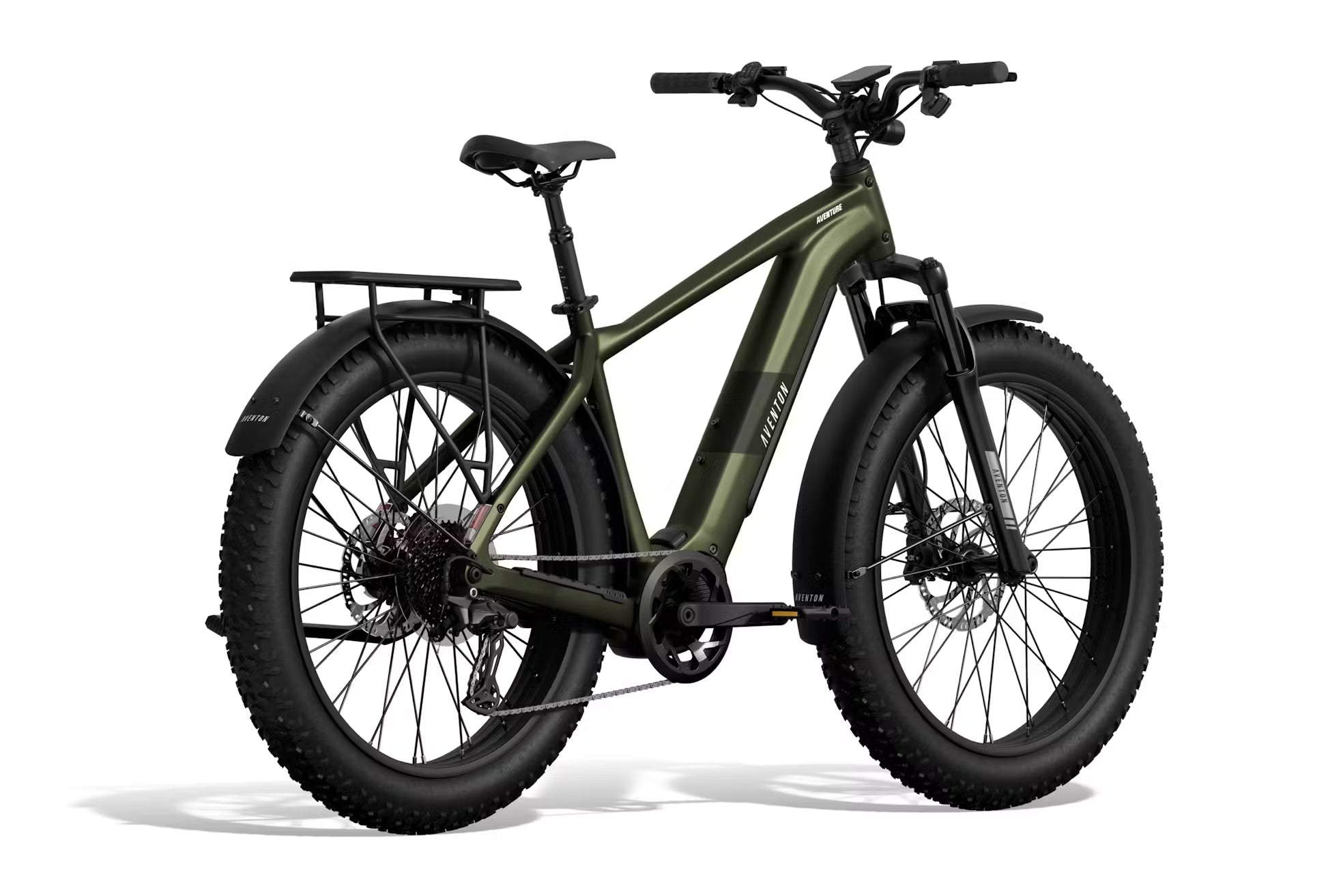 Front view of Rex E-Bikes Aventon Aventure.M camouflage e-bike with sturdy frame and mountain bike design.