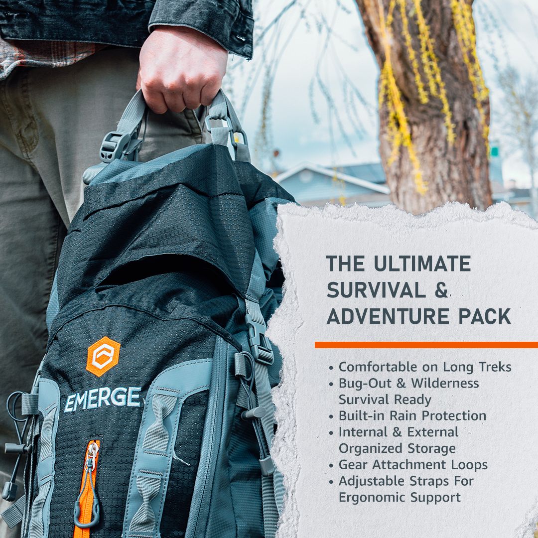 Emerge Survival 80L Ranger survival backpack with multiple compartments and adjustable straps, designed for outdoor adventures.
