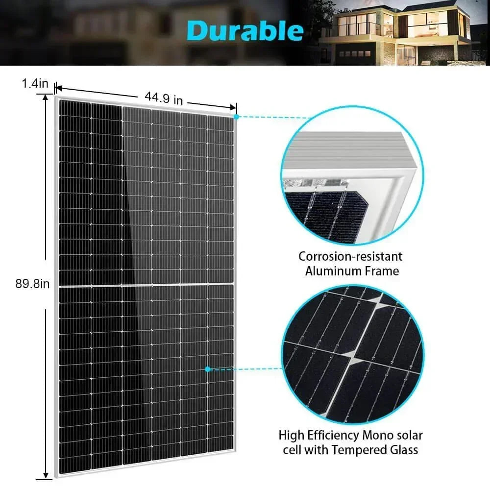 Green Vista Living Sungold Power 550W Mono PERC solar panel full pallet with 32 monocrystalline solar panels stacked together.