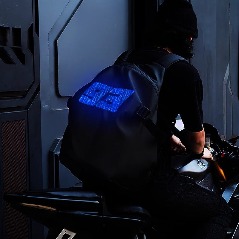 Bean's Moto Booth ALBERS™ Illuminated Motorcycle Helmet Backpack, Tribute Edition with illuminated features and sleek design.
