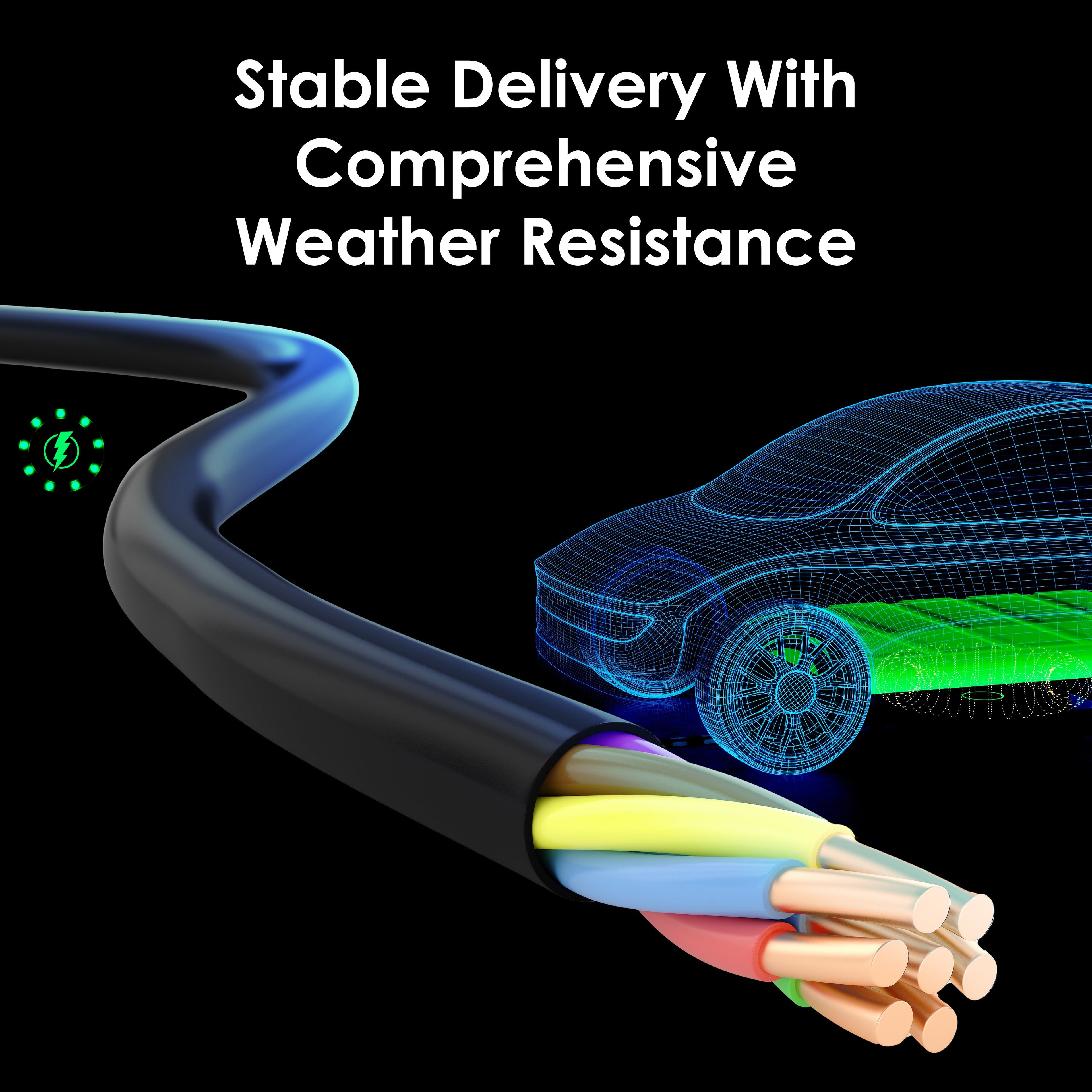 Rexing J1772 32A EV extension cable connected to an electric vehicle charging port on a car.