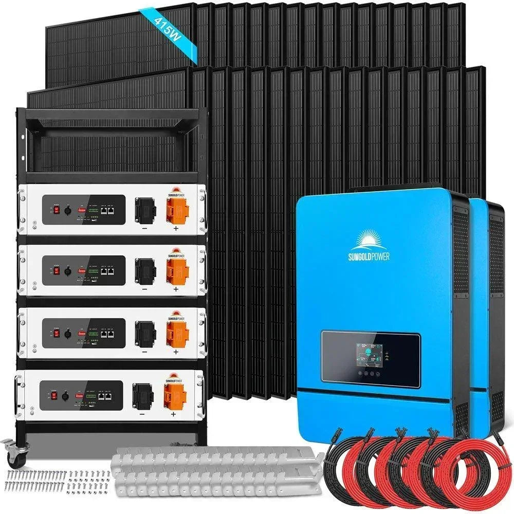 Off Grid Solar Kit with 32 solar panels and lithium battery from Green Vista Living, includes 16KW solar power system and batteries.