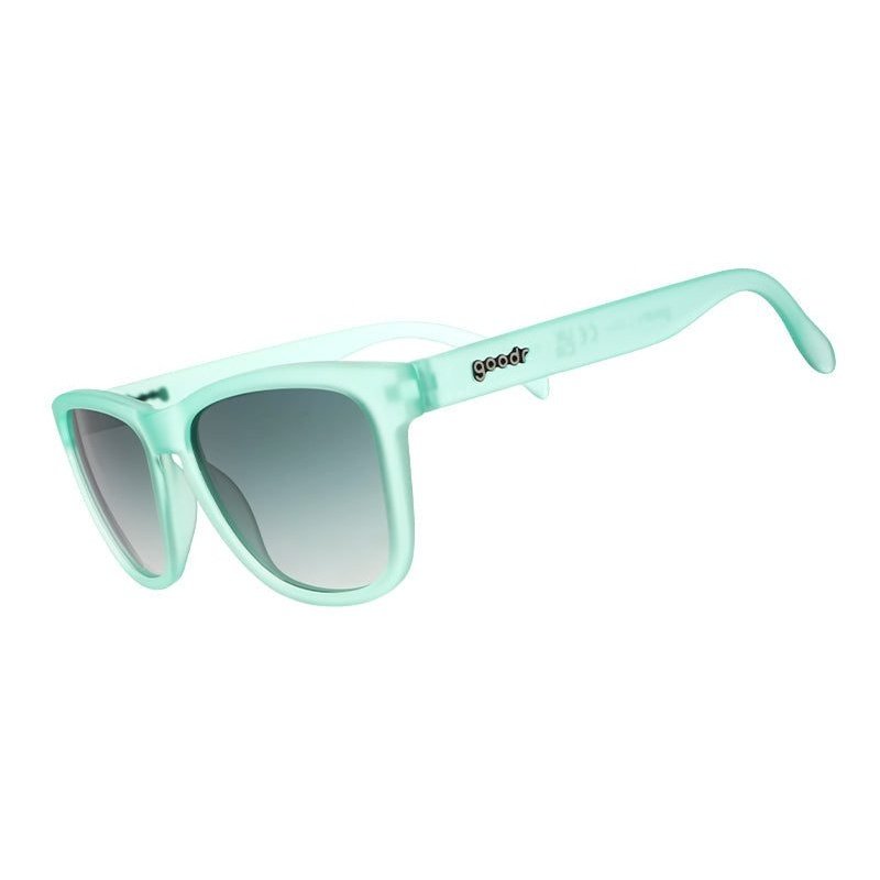 Side view of Rare Air Discs Dinner Mint Debauchery OG polarized sunglasses with transparent mint green frames and dark lenses.