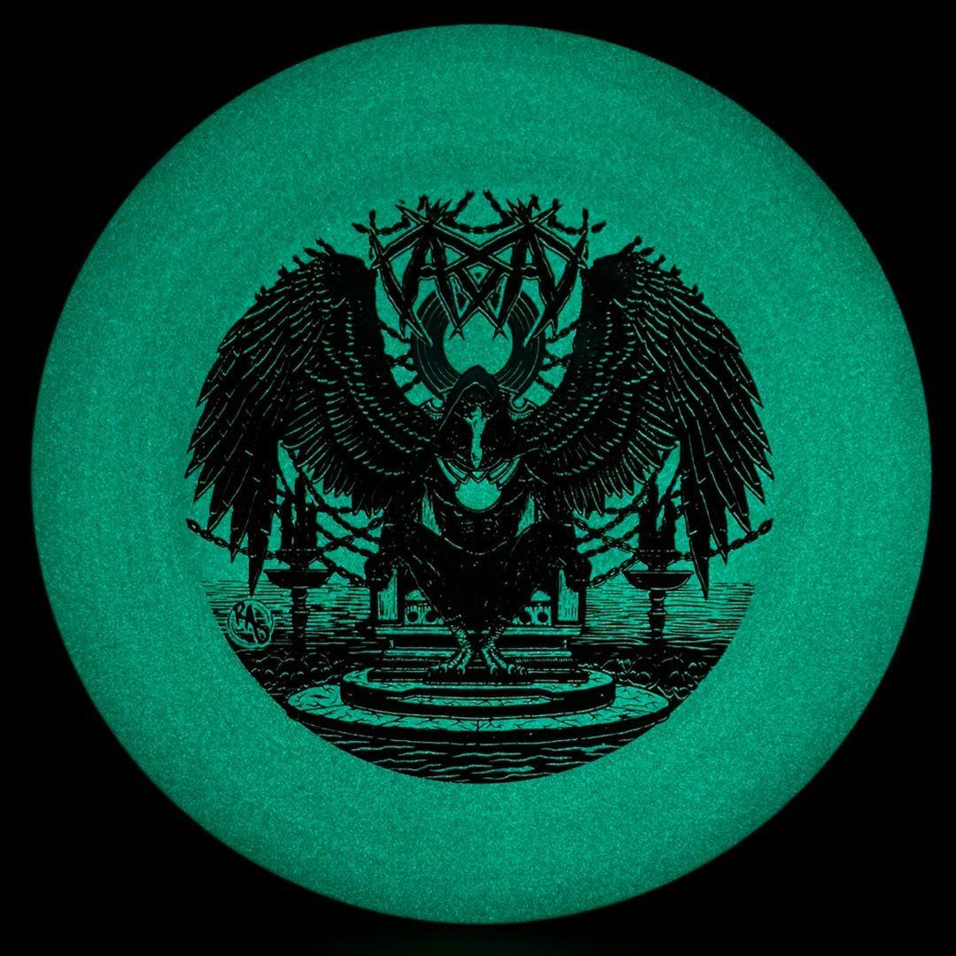 ESP Glo Buzzz disc golf disc by Rare Air Discs featuring Karudi the Overseer design from Cult of RAD, vibrant glow finish.