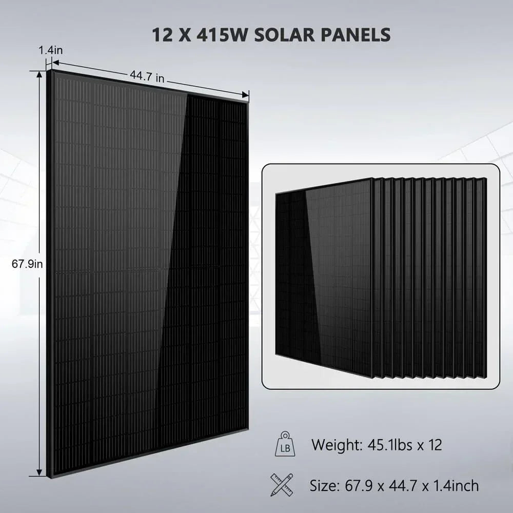 Wall-mounted Green Vista Living Off Grid Solar Kit with 12 solar panels, lithium battery, and power inverter setup.