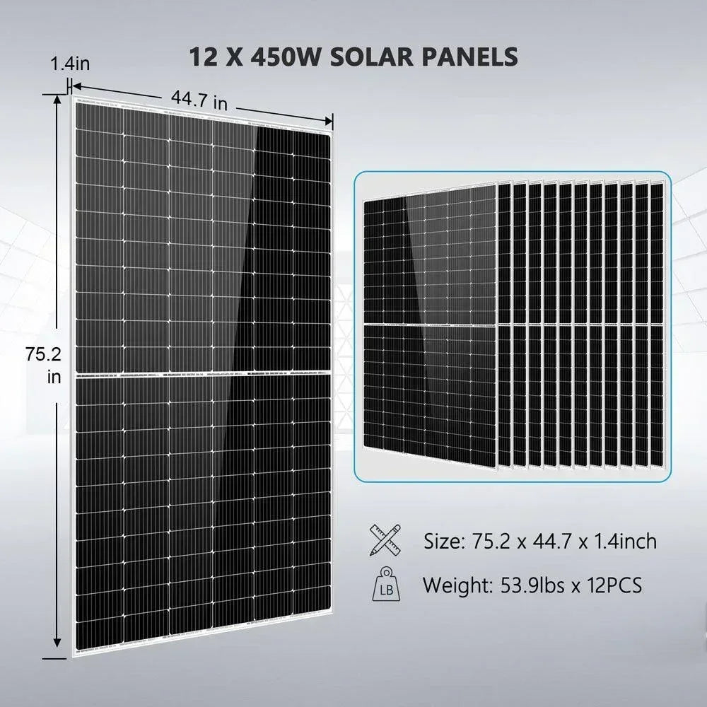 Green Vista Living 8000W off grid solar kit with lithium battery, 5400W solar panels, and 48V/120V or 240V output system.