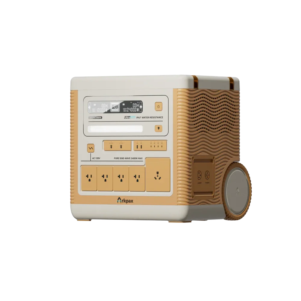 Green Vista Living Arkpax Ark PRO 2400W portable power station with IP67 waterproof rating, professional-grade and compact design.