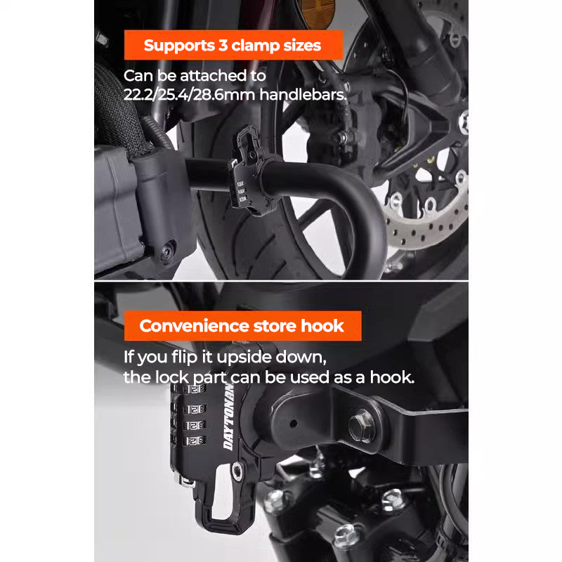 Daytona™ motorcycle handlebar helmet lock from Bean's Moto Booth, shown securing a helmet to a motorcycle handlebar.