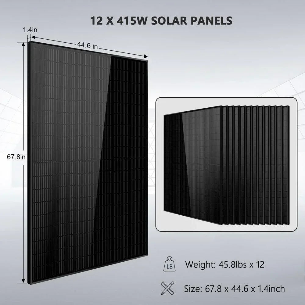 Green Vista Living off-grid solar kit with 12 solar panels, lithium batteries, and 8000W inverter for renewable energy setup.