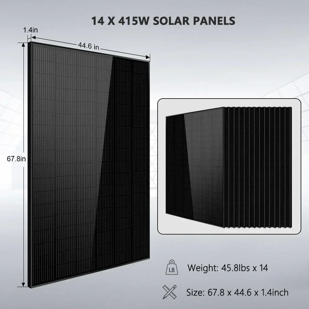 Green Vista Living off-grid solar kit with 14 solar panels, lithium battery, and server rack setup for renewable energy.