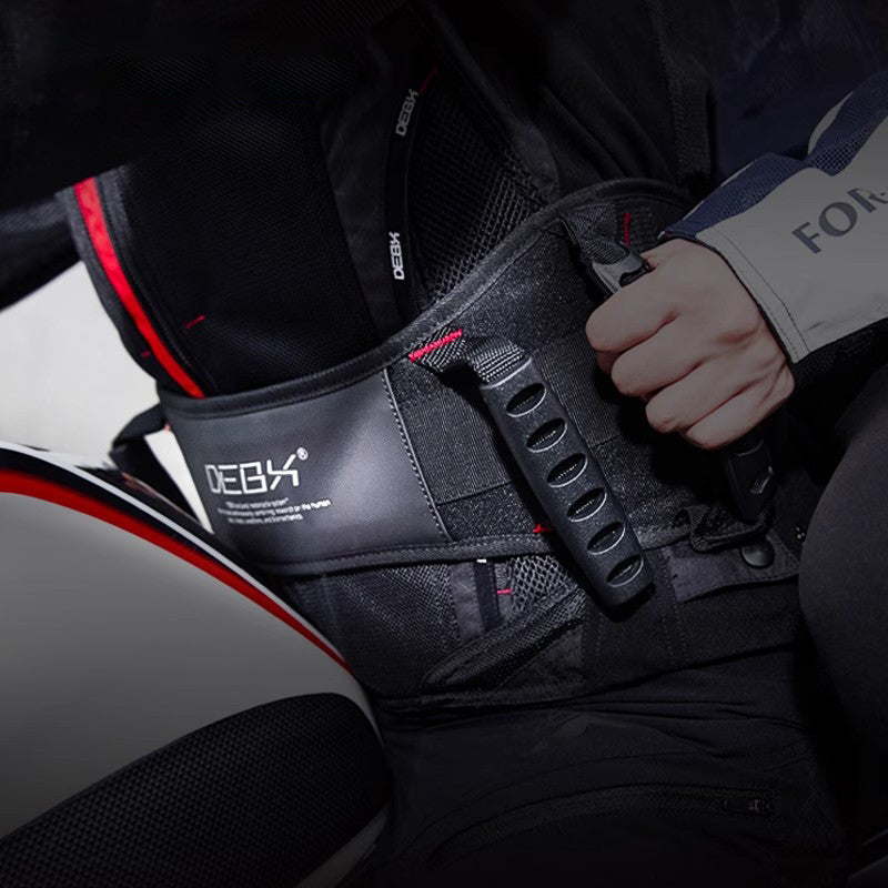 Bean's Moto Booth DEBX™ motorcycle passenger grab waist strap for safety gear, shown attached to a motorcycle seat.