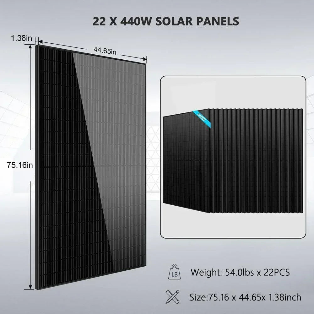 Off Grid Solar Kit with 22 solar panels, lithium battery, and inverter, designed for renewable energy systems by Green Vista Living.