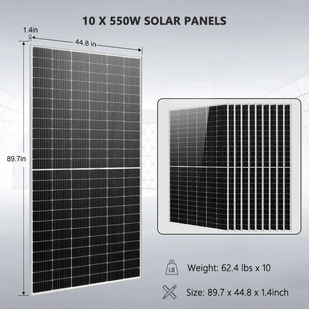 Off Grid Solar Kit with 10 Green Vista Living 550W solar panels, four lithium batteries, and a 10KW inverter system.