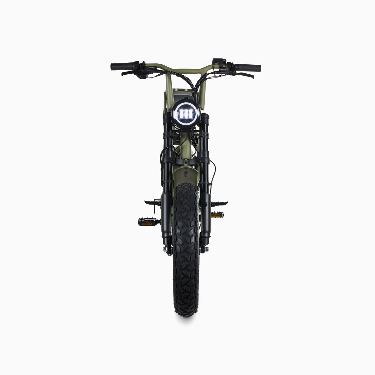 Front view of Rex E-Bikes Pedal Electric All Wheel Drive S E-Bike showing the sleek frame and front wheel.